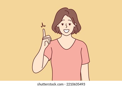 Smiling young woman point up with finger generate good business idea or thought. Happy female show good deal or offer. Vector illustration. 