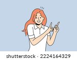 Smiling young woman point up at good deal or offer. Happy girl show with fingers up recommend good sale or discount. Copy space. Vector illustration. 