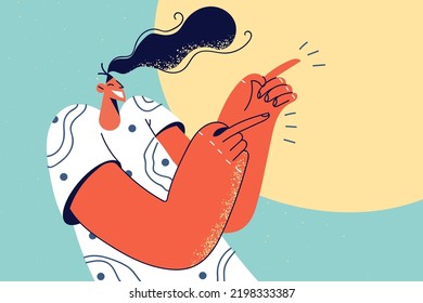 Smiling young woman point at good sale deal or offer. Overjoyed girl show empty advertisement placement. Client recommendation. Vector illustration. 