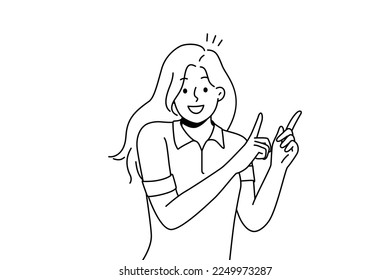 Smiling young woman point up at good deal or offer. Happy girl show with fingers up recommend good sale or discount. Copy space. Vector illustration. 