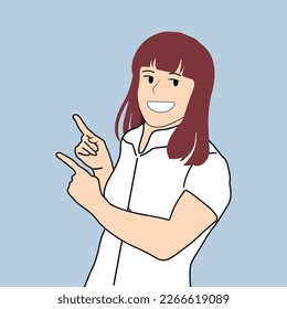 Smiling young woman point up at good deal or offer. Happy girl show with fingers up recommend good sale or discount. Copy space. Vector illustration.