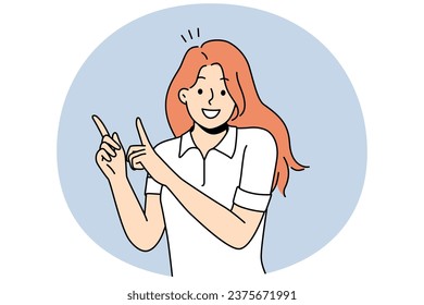 Smiling young woman point up at good deal or offer. Happy girl show with fingers up recommend good sale or discount. Copy space. Vector illustration.