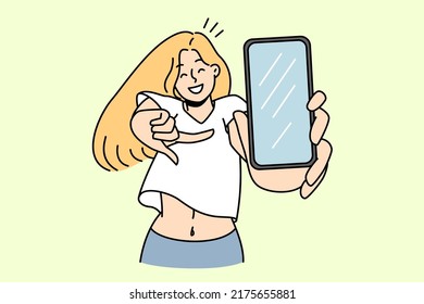 Smiling young woman pointing at cellphone screen show good sale deal or offer. Happy girl demonstrate new app on modern smartphone. Technology concept. Vector illustration. 