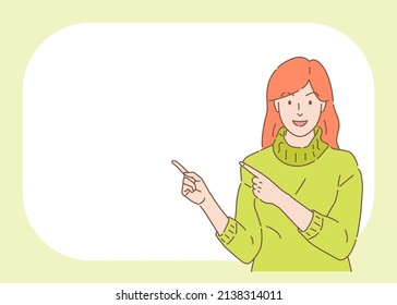 Smiling Young woman pointing finger at copy space hand drawn style, vector illustration