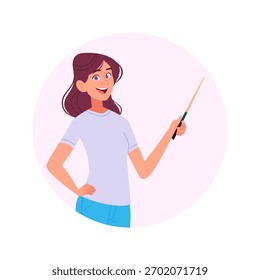 Smiling Young Woman Presenting with a Pointer Stick