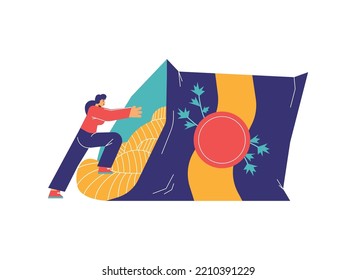 Smiling young woman reaches for huge opened bag of chips flat style, vector illustration isolated on white background. Snack people concept, junk unhealthy food