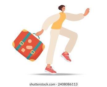 Smiling young woman with red suitcase walking down street. Tourism and travel concept. Young girl wearing casual clothes. Colored flat cartoon vector illustration isolated. Woman in hurry on vacation