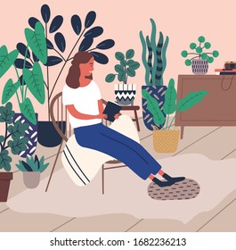 Smiling young woman relaxing reading book surrounded by houseplant vector flat illustration. Joyful cartoon female enjoying time to yourself at comfy home. Pleasant girl having anti stress leisure