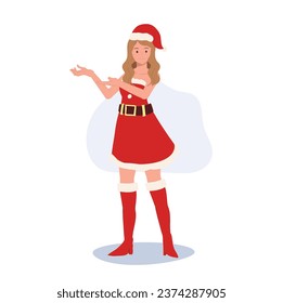 Smiling Young Woman in Santa Claus Costume. Beautiful Girl in Santa Claus Outfit.  Festive Holiday Illustration.