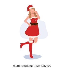 Smiling Young Woman in Santa Claus Costume. Beautiful Girl in Santa Claus Outfit.  Festive Holiday Illustration.