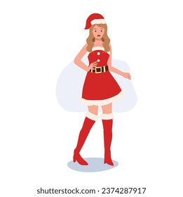 Smiling Young Woman in Santa Claus Costume. Beautiful Girl in Santa Claus Outfit.  Festive Holiday Illustration.