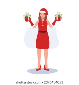 Smiling Young Woman in Santa Claus Costume. Beautiful Girl in Santa Claus Outfit.  Festive Holiday Illustration.