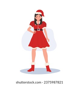 Smiling Young Woman in Santa Claus Costume. Beautiful Girl in Santa Claus Outfit.  Festive Holiday Illustration.