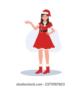 Smiling Young Woman in Santa Claus Costume. Beautiful Girl in Santa Claus Outfit.  Festive Holiday Illustration.