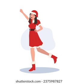 Smiling Young Woman in Santa Claus Costume. Beautiful Girl in Santa Claus Outfit.  Festive Holiday Illustration.