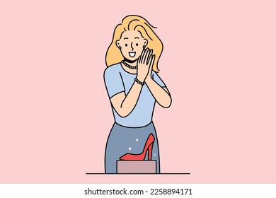 Smiling young woman in shop looking at stylish heels. Happy female client or customer buy shoes in fashion boutique or store. Vector illustration. 