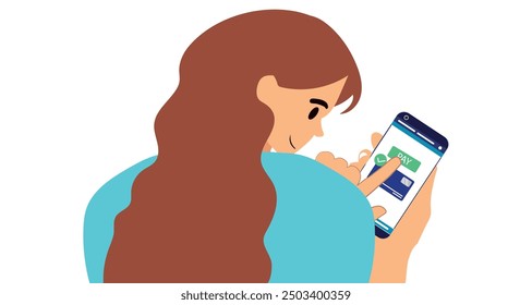 Smiling young woman shopping online store with mobile bank credit card apps. E-Wallet and Internet Payment Flat Vector Cartoon Design. Tap the payment button on your smartphone. Financial technology c