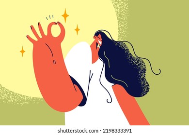 Smiling young woman show all right hand gesture. Happy girl demonstrate ok sign. Nonverbal communication concept. Vector illustration. 