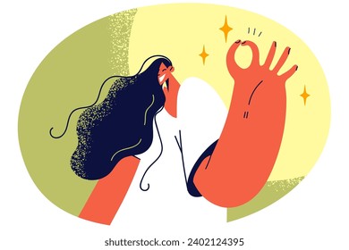 Smiling young woman show all right hand gesture. Happy girl demonstrate ok sign. Nonverbal communication concept. Vector illustration.