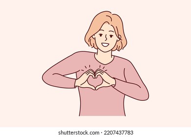 Smiling young woman show heart hand gesture at heart share care and affection. Happy girl demonstrate gratitude. Charity concept. Vector illustration. 