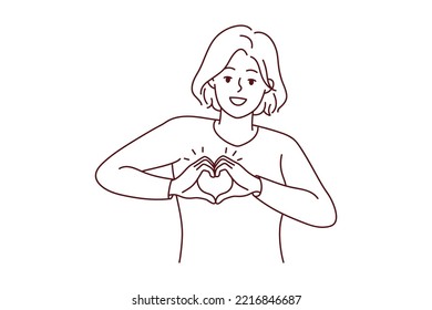 Smiling young woman show heart hand gesture at heart share care and affection. Happy girl demonstrate gratitude. Charity concept. Vector illustration. 