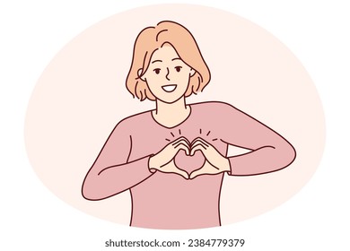 Smiling young woman show heart hand gesture at heart share care and affection. Happy girl demonstrate gratitude. Charity concept. Vector illustration.