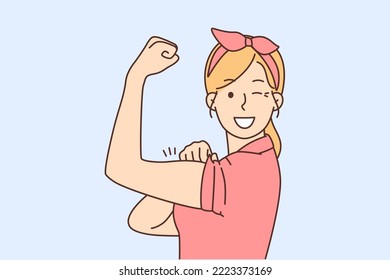 Smiling young woman show muscles feeling powerful and strong. Happy girl demonstrate power and strength. Female leadership and success. Vector illustration. 