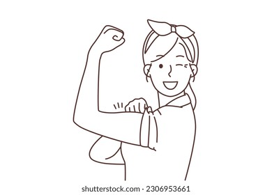 Smiling young woman show muscles feeling powerful and strong. Happy girl demonstrate power and strength. Female leadership and success. Vector illustration. 