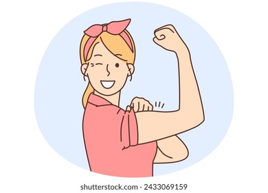 Smiling young woman show muscles feeling powerful and strong. Happy girl demonstrate power and strength. Female leadership and success. Vector illustration.