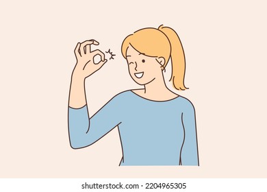 Una joven sonriente muestra un gesto de buena mano sintiéndose optimista sobre el futuro. Una chica feliz demuestra un buen gesto. Bueno y positivo. Ilustración vectorial. 