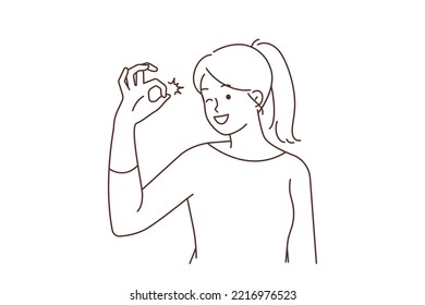 Smiling young woman show ok hand gesture feeling optimistic about future. Happy girl demonstrate all right gesture. Good and positivity. Vector illustration. 