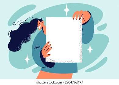 Una joven sonriente muestra papel blanco vacío para la colocación de publicidad. Chica feliz muestra espacio para burlarse del papeleo. Ilustración vectorial. 