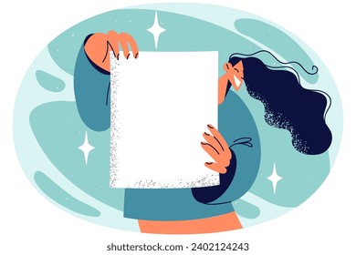 Smiling young woman show white empty paper for advertising placement. Happy girl demonstrate mockup space on paperwork. Vector illustration.