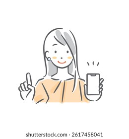 A smiling young woman showing her smartphone screen. Stylish watercolor illustration