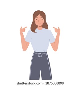 Smiling young woman showing on her self with her fingers. Girl points out on herself with hand gesture. Concept of self-love and self-acceptance. Flat cartoon illustration