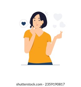 Smiling young woman showing two hands mini heart sign gesture, Spreading love happiness positive expression concept illustration