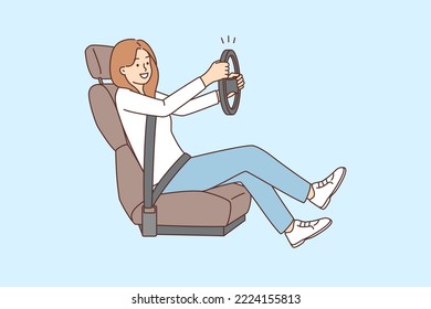 Smiling young woman sit in chair learn driving. Happy girl with steering wheel in hands drive car. Driving lessons concept. Vector illustration. 