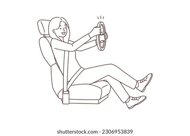 Smiling young woman sit in chair learn driving. Happy girl with steering wheel in hands drive car. Driving lessons concept. Vector illustration. 