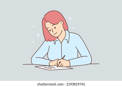 Smiling young woman sit at desk writing letter. Happy girl at table handwriting on paper making notes. Vector illustration. 