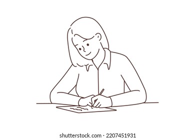 Smiling young woman sit at desk writing letter. Happy girl at table handwriting on paper making notes. Vector illustration. 