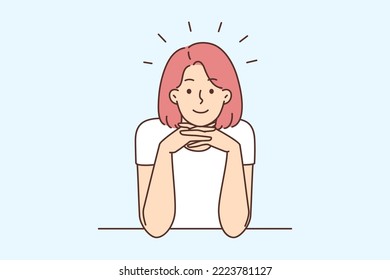 Smiling young woman sit at desk looking at camera. Happy girl sitting at table communicating with friend or colleague. Communication. Vector illustration. 