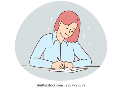 Smiling young woman sit at desk writing letter. Happy girl at table handwriting on paper making notes. Vector illustration.