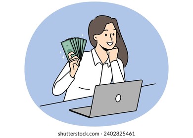 Smiling young woman sit at desk work on computer online ear money. Happy successful female employee near laptop show banknotes excited with income. Vector illustration.