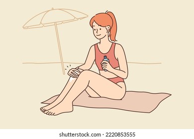 Smiling young woman sit on beach apply sunscreen on legs enjoy summer vacation. Happy girl put sun protection cream sunbathing on shore. Vector illustration. 