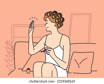 Smiling young woman sit in salon wave to friend. Happy girl do beauty procedures in spa greeting with girlfriend. Vector illustration. 