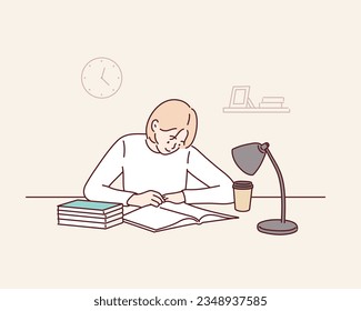 Smiling young woman sitting at desk working on laptop writing letter in paper notebook. Hand drawn style vector design illustrations.