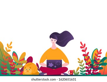 Smiling young woman sitting on the floor around plants, flowers and cat isolated on white background. Greenery in workspaces Remote laptop work design vector illustration. Freelance concept in flat