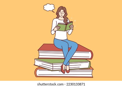 Smiling young woman sitting on pile of huge books reading. Happy girl enjoy literature visualizing or imagining. Education and hobby. Vector illustration. 
