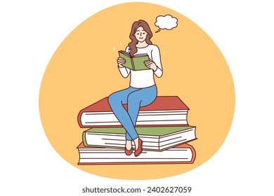 Smiling young woman sitting on pile of huge books reading. Happy girl enjoy literature visualizing or imagining. Education and hobby. Vector illustration.