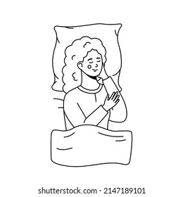 Smiling young woman sleeping at home on bed. Sleep concept vector illustration isolated on white. Line art, coloring page, black outline